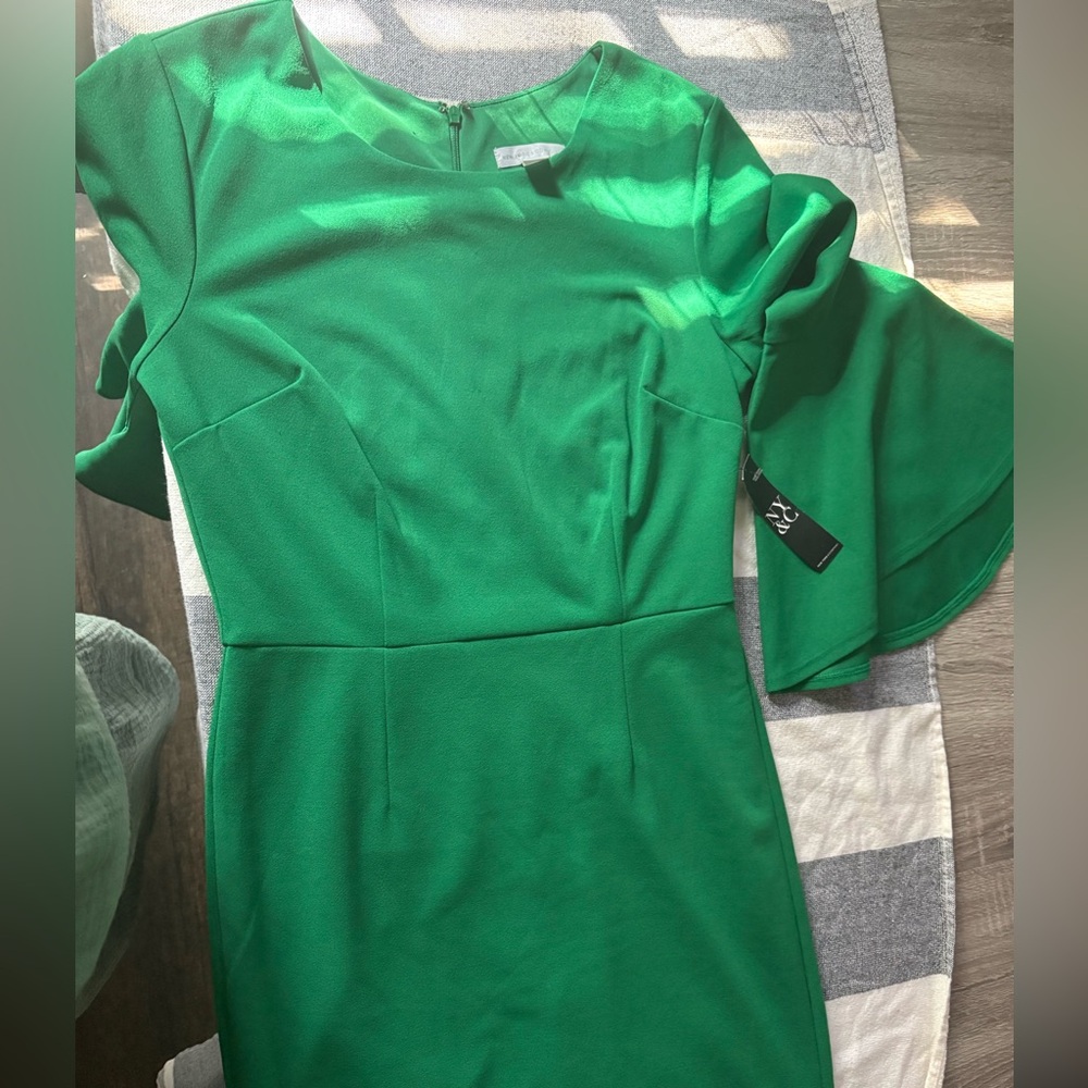 New York & Company Asymmetrical Green Sheath Dress with Bell Sleeves